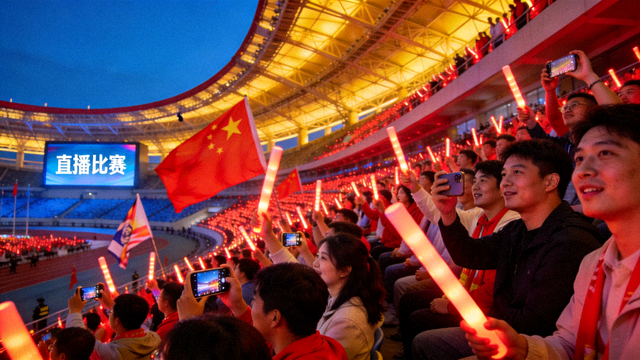 体育场看台观众观看直播比赛的热烈现场氛围