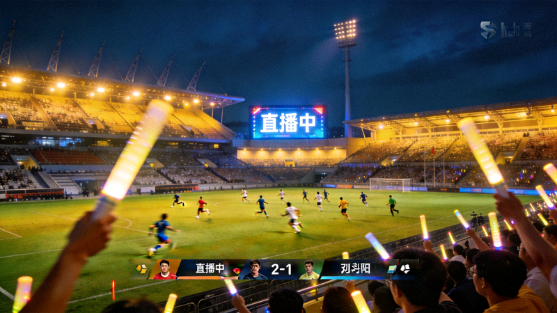 夜晚灯光下的足球场正在进行比赛直播画面